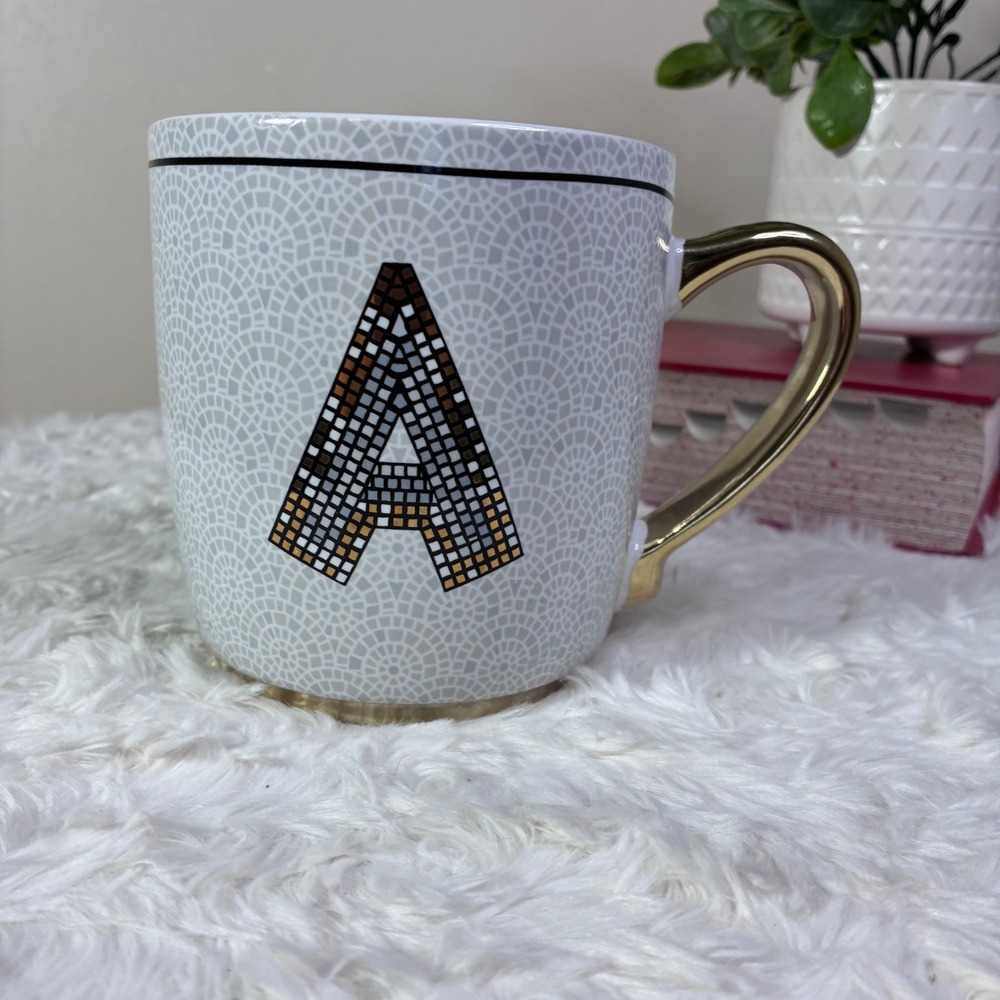 Letter A Initial Ceramic Coffee Mug With Gold Mosaic Pattern 24oz